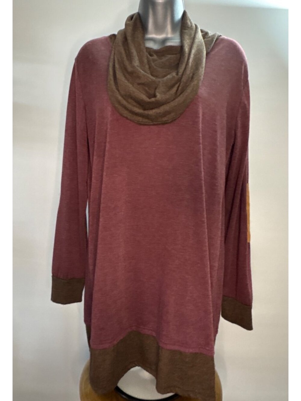 Women's Cowl Neck Scarf Pullover Blouse Turtleneck Burgundy Elbow Patches Tunic - Picture 2 of 16